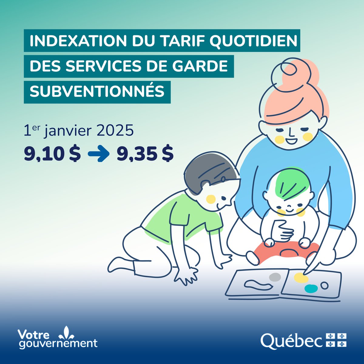 📢 Avis aux parents

À compter du 1er janvier 2025, le tarif quotidien des services de garde subventionnés passera de 9,10 $ à 9,35 $.