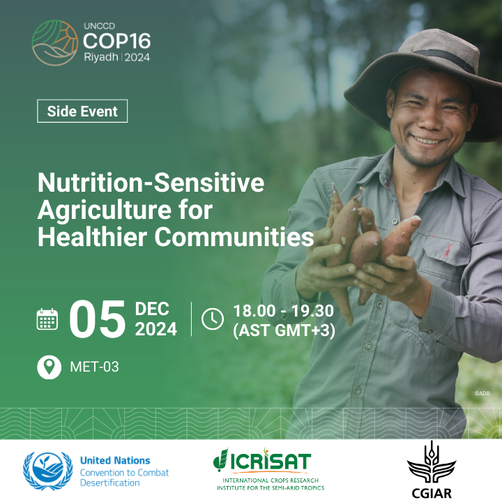🥗 Join us tomorrow at #COP16Riyadh to explore agriculture that drives better health outcomes for communities.

🔗 Learn more: on.cgiar.org/3ZvwmYD
#OneCGIAR <a href="/ICRISAT/">ICRISAT</a>