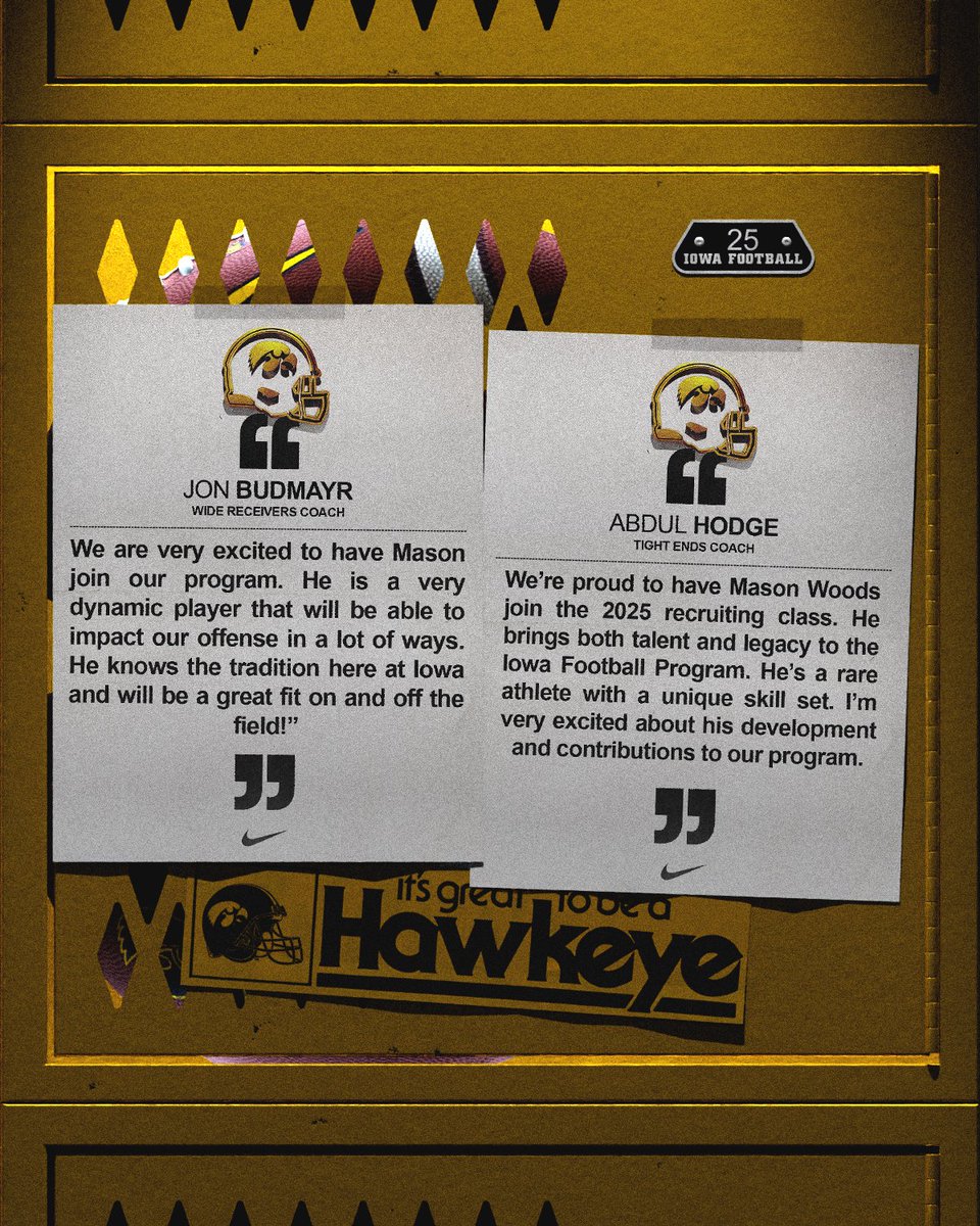 HawkeyeFootball's tweet photo. A dynamic offensive threat with Hawkeye lineage ready to make an impact.

✒️📜 @Masonlwoods19

#Swarm25 x #Hawkeyes https://t.co/7J9bHETwIv