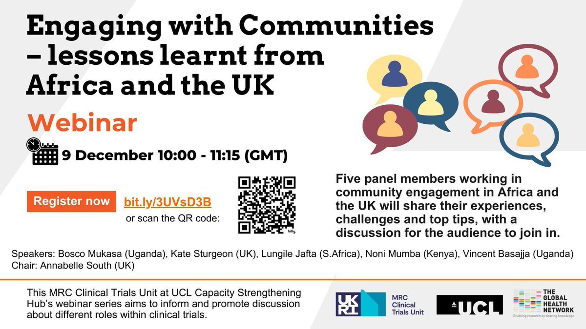 MRC Clinical Trials Unit at UCL (@mrcctu) on Twitter photo Our final Capacity Strengthening Hub webinar of the year takes place 9 December 2024.
With five experts in community engagement, we'll explore lessons learnt from #ClinicalTrials in the UK and Africa.🌍
There's still time to register at bit.ly/3UVsD3B <a href="/info_TGHN/">The Global Health Network</a> Our final Capacity Strengthening Hub webinar of the year takes place 9 December 2024.
With five experts in community engagement, we'll explore lessons learnt from #ClinicalTrials in the UK and Africa.🌍
There's still time to register at bit.ly/3UVsD3B <a href="/info_TGHN/">The Global Health Network</a>