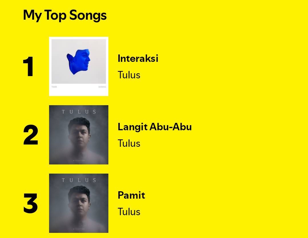 _zahwareza's tweet photo. Spotify wrap ❌
Tulus album wrap ✅ https://t.co/2CfXfyrTaY