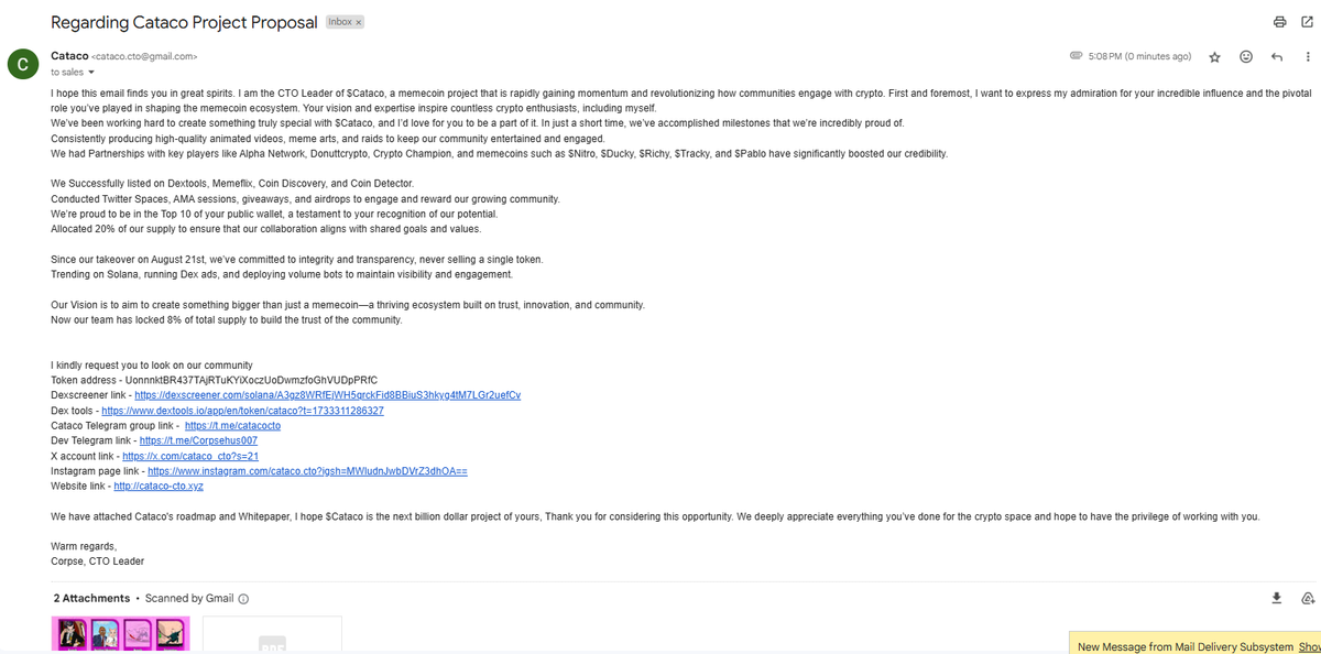 We sent email to Davinci about our project details🚀🚀 We hope he will join Cataco soon!!!!

Grab your bags before he joins🚀🚀

We have locked 8% $Cataco supply in Jupiter lock and <a href="/Davincij15/">Davinci Jeremie</a> holds 20% supply $Cataco in his wallet💎
Total 28% of supply has been locked.

Ca -