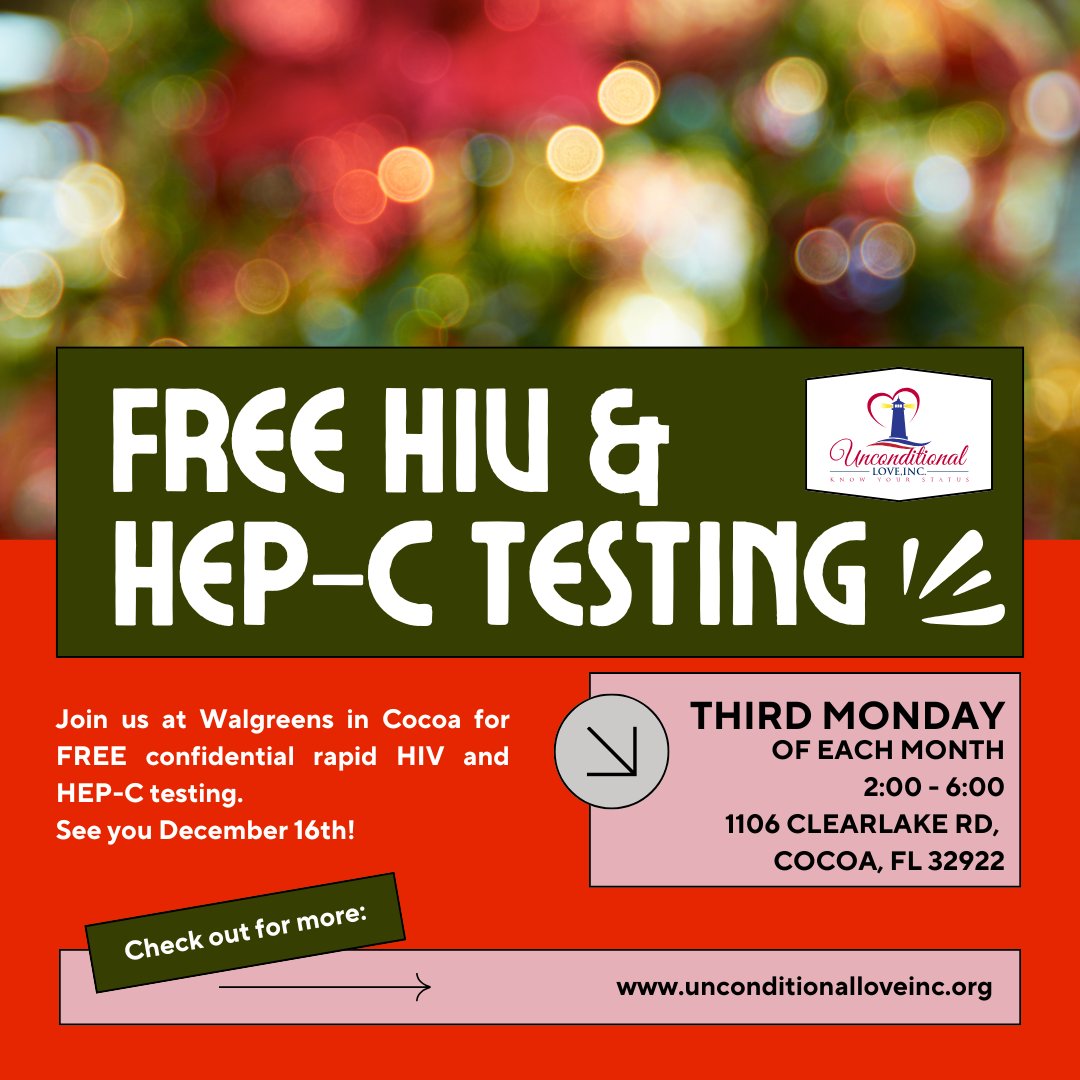 Uncondi81938022's tweet image. Next week, we're offering confidential rapid HIV and Hep-C testing at Walgreens in Cocoa!
This takes place every third Monday of the month—don’t miss it!
Your health, your schedule. Let’s prioritize you. 💙
#CocoaFL #HIVtesting #HepatitisCtesting #UnconditionalLoveInc