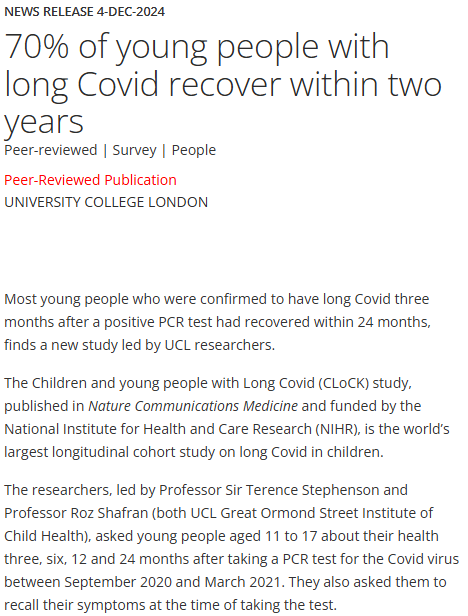 Press release for what it's worth:

"70% of young people with long Covid [at 3 months] recover within two years"
eurekalert.org/news-releases/…

Similar figures have been seen with #CFS after glandular fever/mono/Epstein-Barr
pubmed.ncbi.nlm.nih.gov/19564299/

#LongCovid #LongCovidKids #LCKids
1/