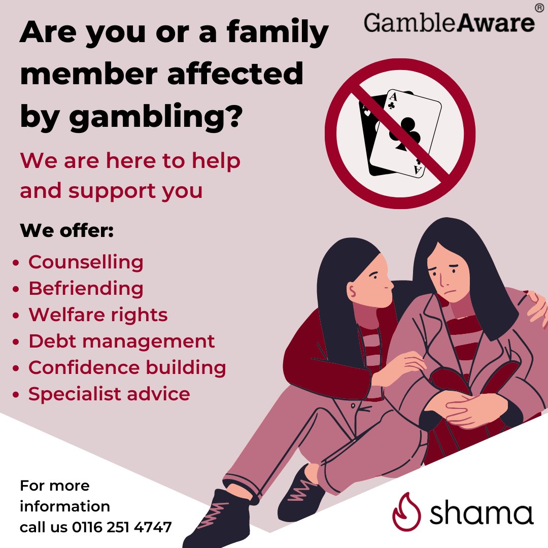 Shama Women's Centre (@shamacentre) on Twitter photo Shama offers services to support women and their families who are affected by gambling. We are here to help by offering counselling, debt management, specialist advice & more.
For more information please call us on 0116 251 4747 or email info@shamawomenscentre.co.uk. Shama offers services to support women and their families who are affected by gambling. We are here to help by offering counselling, debt management, specialist advice & more.
For more information please call us on 0116 251 4747 or email info@shamawomenscentre.co.uk.
