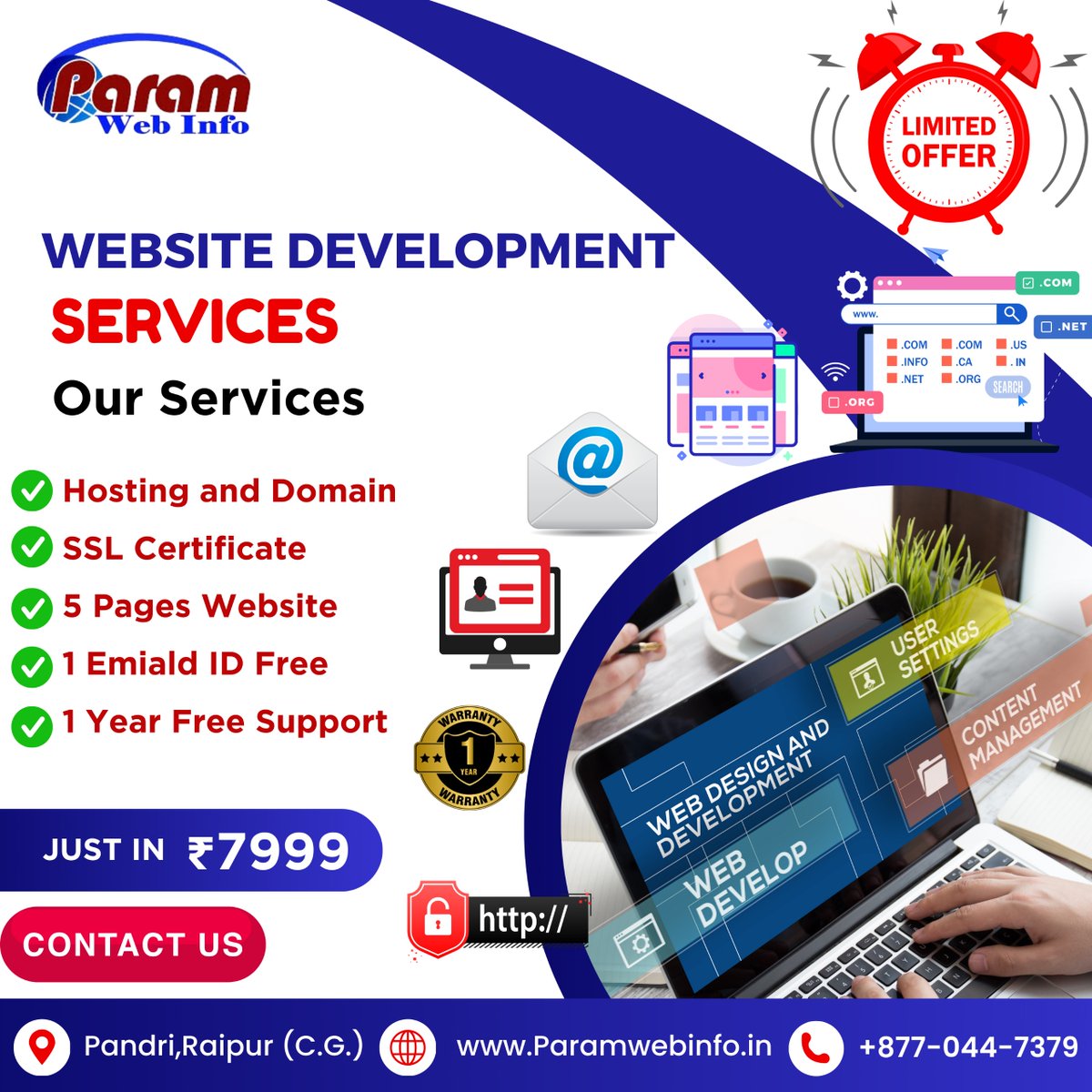 Paramwebinfo20's tweet image. 🚀 Transform Your Online Presence Today! 🌐
Get your Professional Website built with our Limited-Time Offer for just ₹7999! 🎉Don’t miss out on this amazing deal! 💻✨
#WebDevelopme #DigitalSolutions #OnlineGrowth #SSL #WebHosting #RaipurBusiness #StartupSupport #WebDesignIndia