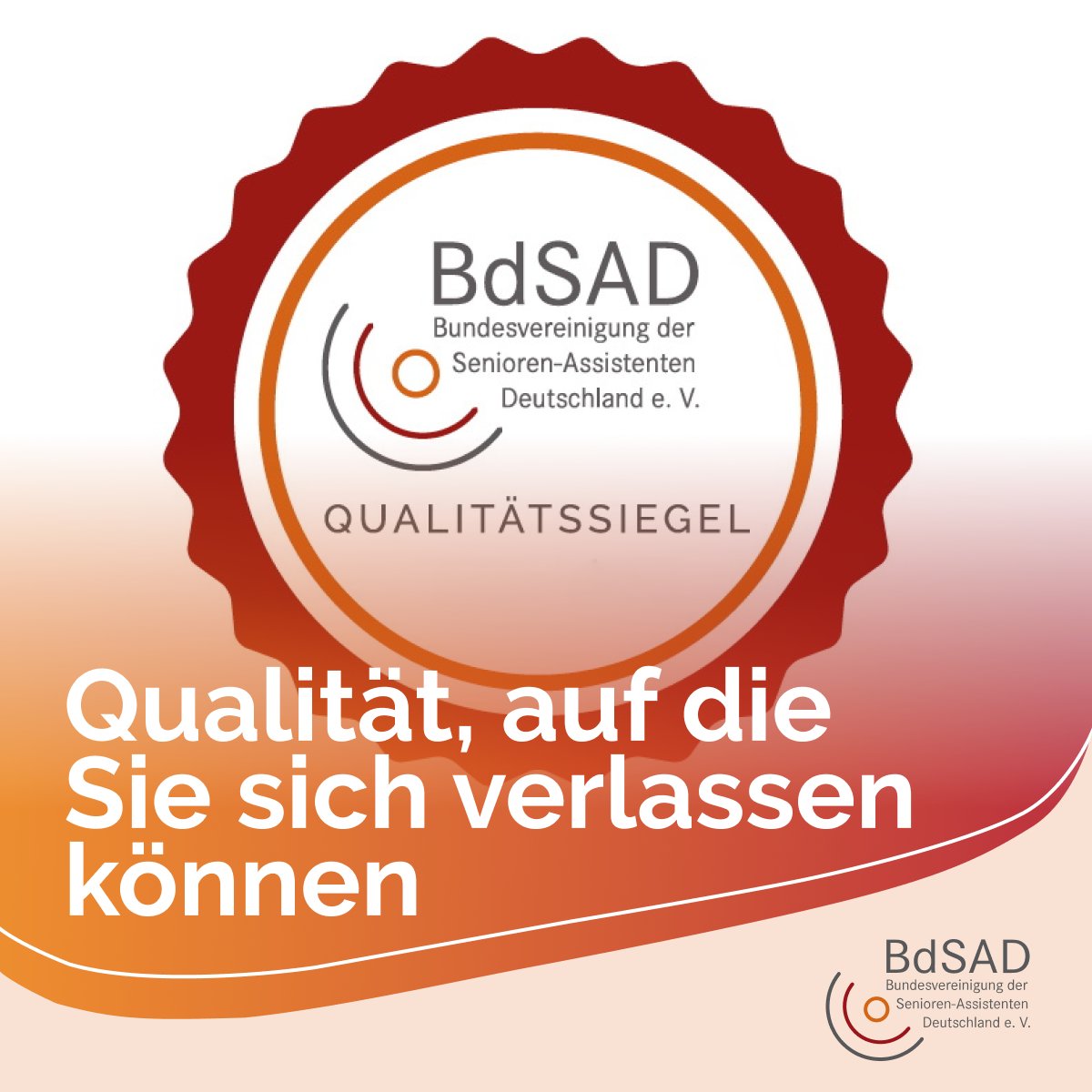 Senioren-Assistenz ist Vertrauenssache - darum steht bei der BdSAD Qualität im Mittelpunkt, denn Mitglied kann nur werden, wer eine fundierte Weiterbildung durchlaufen hat. 

Erfahren Sie mehr über unsere Qualitätsansprüche: bdsad.de/ueber-senioren…