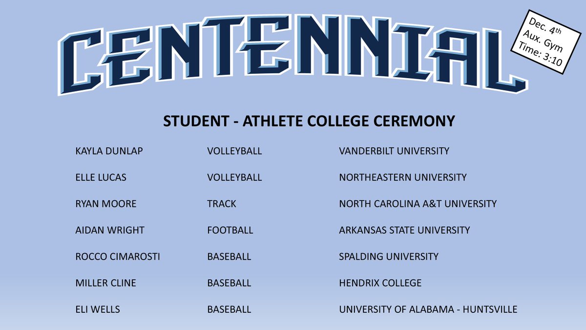 Join us at 3pm in the Aux gym to celebrate seven student-athletes who will be taking their talents to the next level. <a href="/wcsCHS/">CentennialHighSchool</a> <a href="/wcsCHSBaseball/">Centennial HS Baseball</a> <a href="/chs_cougars_fb/">Centennial Cougars Football</a>  <a href="/chs_cougars_vb/">Centennial High School Volleyball</a> <a href="/CHSCAC/">Cougar Athletic Club</a> <a href="/wcsCOAthletics/">WCSsportsConference</a>