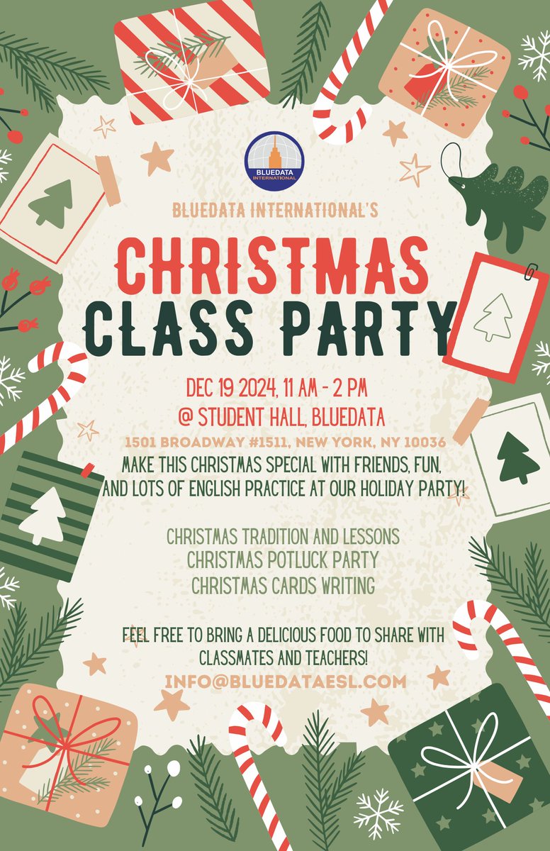 BluedataESL's tweet photo. 🎄✨ Get into the holiday spirit with us at our ESL Academy Christmas Party! 
Join us for festive fun, games, and a chance to practice English while celebrating the season! 🎅🎉 
#ESL #ChristmasParty #HolidayFun #EnglishLearning #Bluedata #Bluedatainternational #Ny #NewYork https://t.co/OQ3pi6DglB