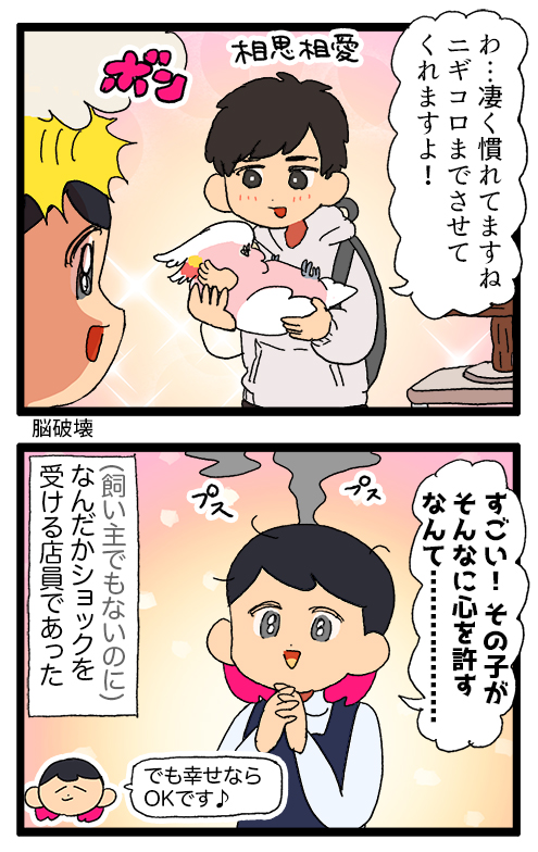 ショップの鳥さん、電撃的に運命のお客さんに出会うことがある……♡🫶

1987 #えるポピの絵日記かくところ 