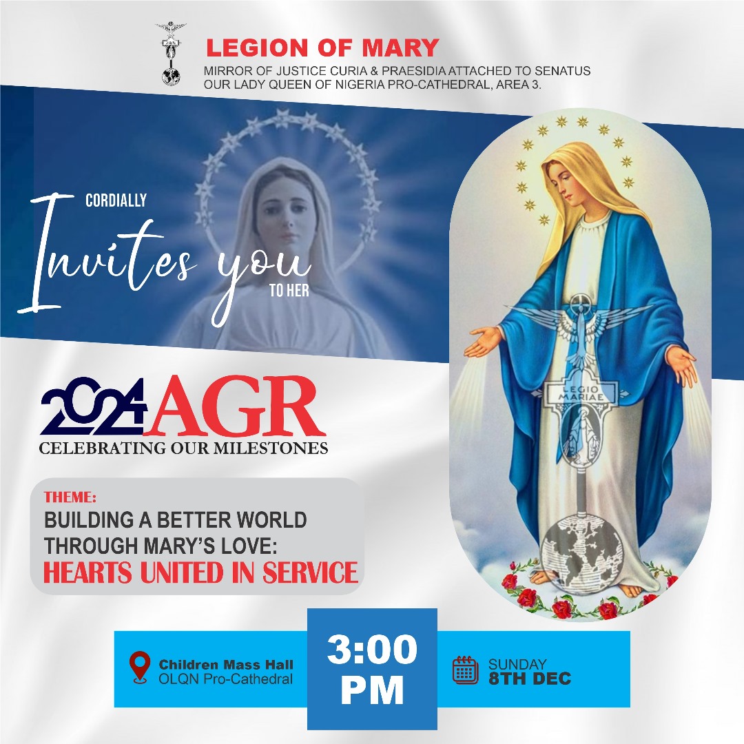 olqnabuja's tweet image. 𝗟𝗘𝗚𝗜𝗢𝗡 𝗢𝗙 𝗠𝗔𝗥𝗬 - 𝗔𝗡𝗡𝗨𝗔𝗟 𝗚𝗘𝗡𝗘𝗥𝗔𝗟 𝗥𝗘𝗨𝗡𝗜𝗢𝗡

The legion of Mary of OLQN invites parishioners for her 2024 annual general reunion.

See details on flier
Flyer : @Shima_uyoyo

#LegionofMary #AGR #annualprogram #mothermary #catholic #avemaria #jesuschrist