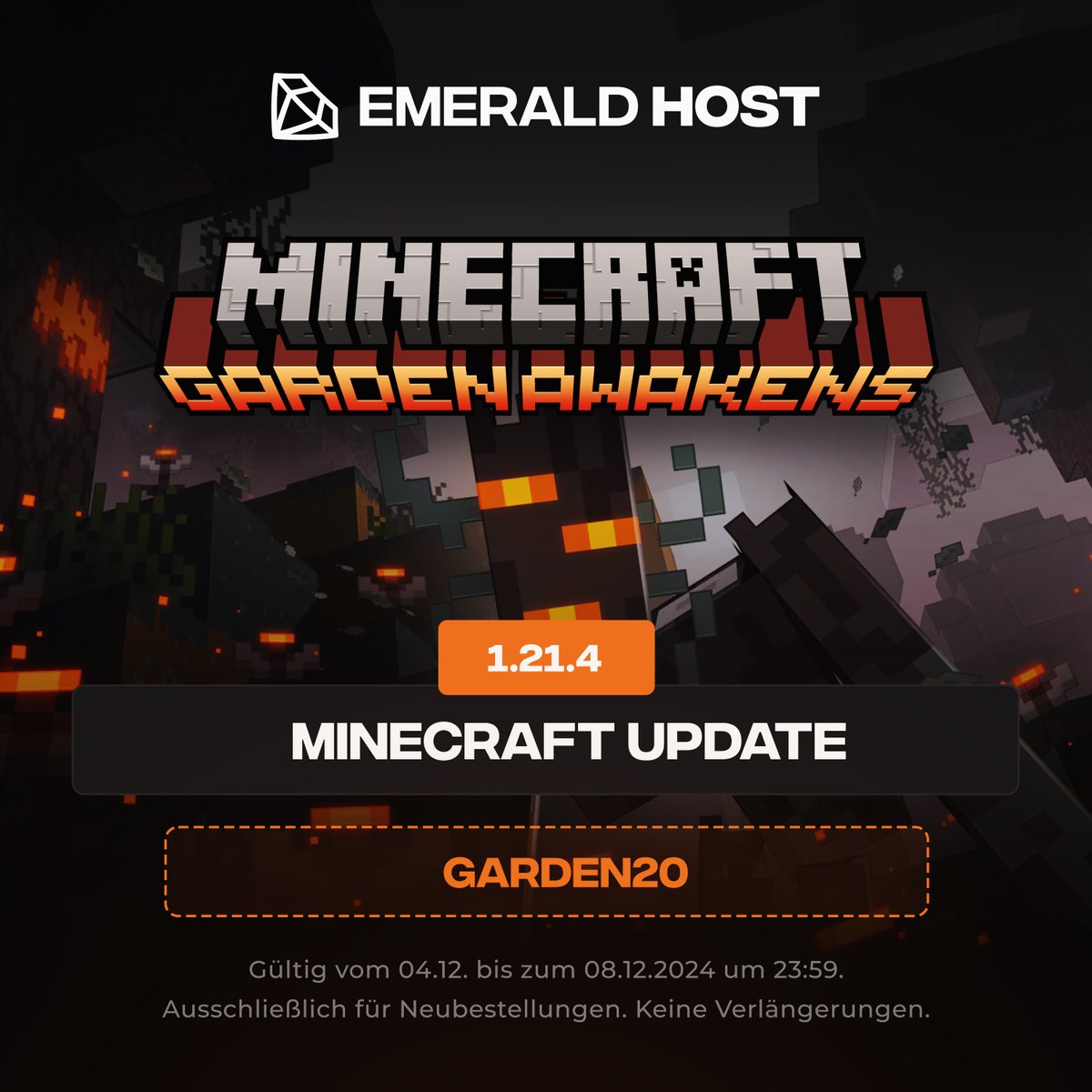 Die #Minecraft 1.21.4 wurde veröffentlicht! 🎮
Entdecke das neue #Pale #Garden #Biome, besiege den Creaking Mob und baue mit den neuen Pale Oak Trees! 🌿👾🌳

Erstelle noch heute dein neues Minecraft-Projekt im 1.21.4 #Update und spare mit dem Code „GARDEN20“
20 % auf deine erste