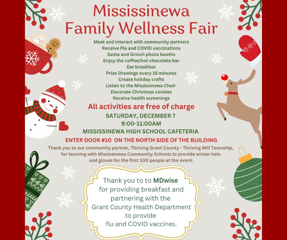 Join us this Saturday for our Family Wellness Fair at Mississinewa High School from 9:00am to 11:00am. Enter through door #10. All Mississinewa Community Families are invited to attend!