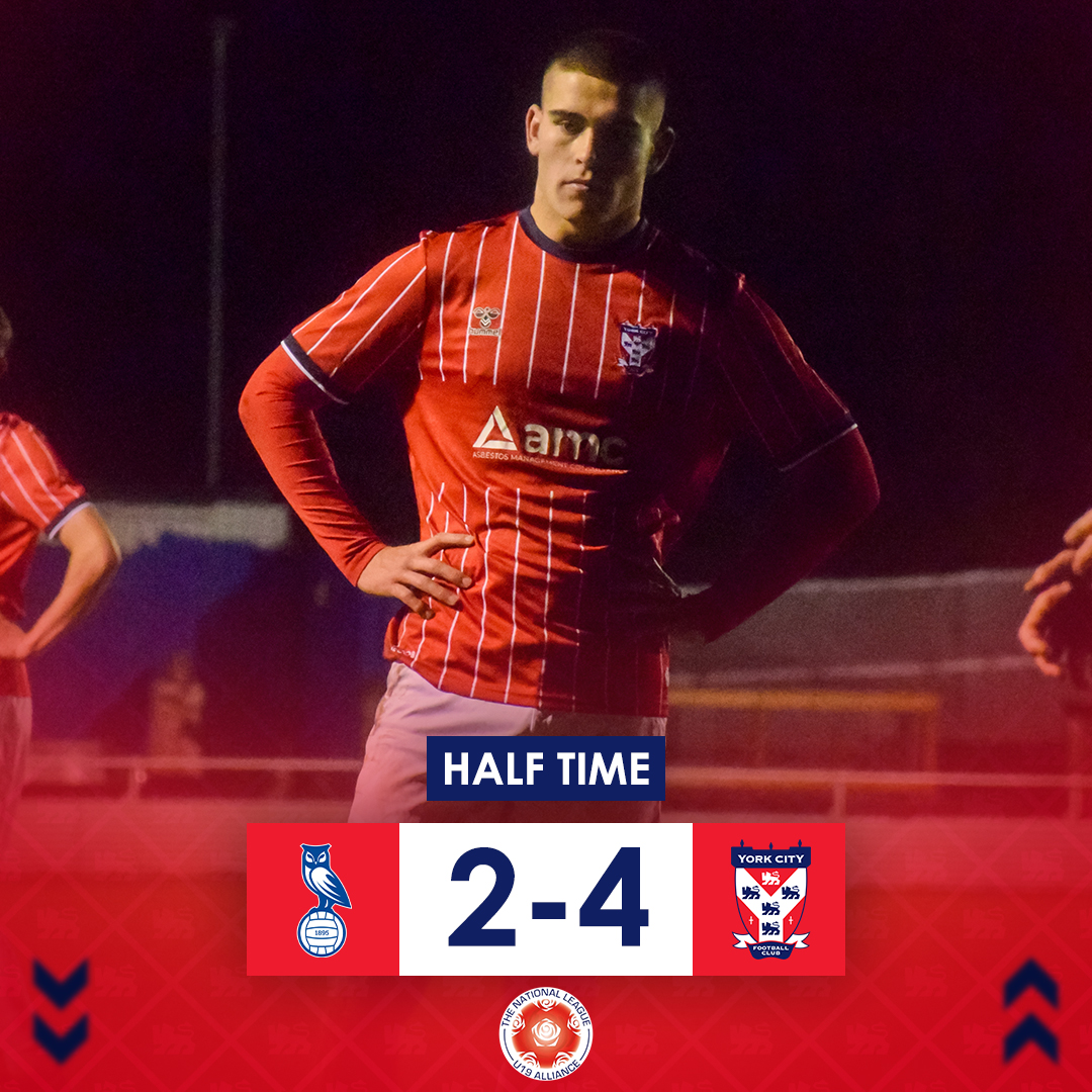 YCFCAcademy's tweet photo. ⚽️ HALF TIME | City lead 4-2 in Oldham at the break.

A Ben Farrar brace is backed up with goals from Donny Day and Noah Mortimer. 👌

#YCFC 🔴🔵 https://t.co/5xE3Qmgopg