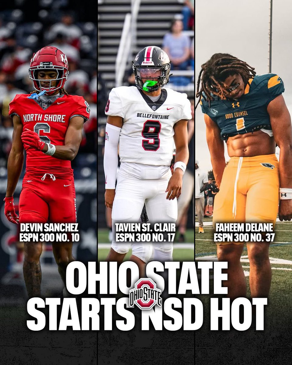 TheUCReport's tweet photo. Ohio State’s start to National Signing Day ✍️ #GoBucks 

• 5-star CB Devin Sanchez
• 5-star QB Tavien St. Clair
• No. 1 Safety Faheem Delane

Putting together a special class 👀 

https://t.co/pohb17Y9Zc https://t.co/VGdb7XVcQZ