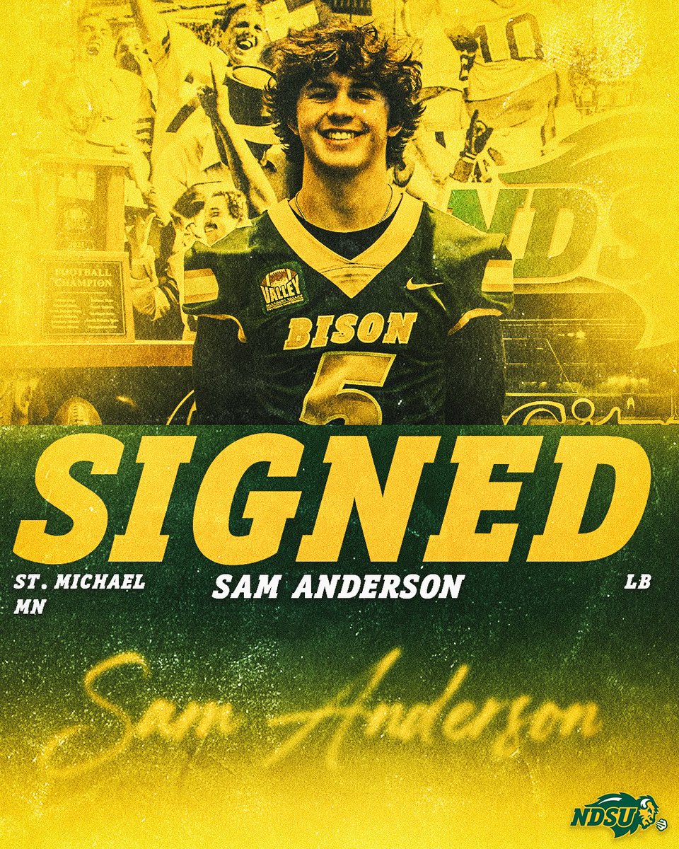 𝐒𝐈𝐆𝐍𝐄𝐃 ✍️

Sam Anderson, a 6-2, 195 linebacker from St. Michael-Albertville High School in Minnesota is officially a Bison. 🤘

#TOUGH25 | #NSD25
