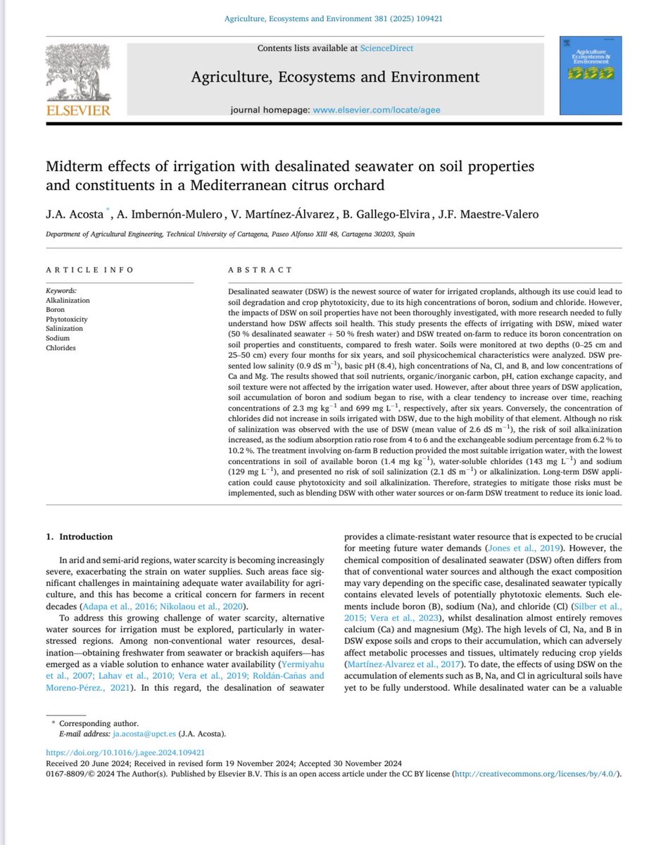 Orgullosos de ver como nuestra colaboración da sus frutos. Es una suerte poder trabajar junto a estos grandes investigadores. 
Midterm effects of irrigation with desalinated seawater on soil proper... sciencedirect.com/science/articl…