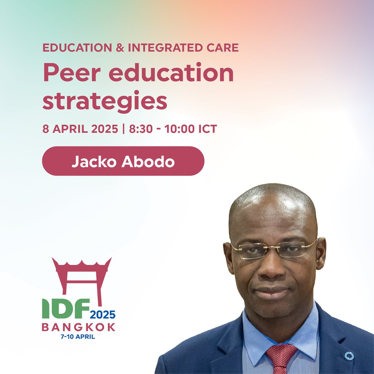 IntDiabetesFed's tweet photo. #IDF2025 is less than 125 days away' Prof. Jacko Abodo, lead of the Education & Integrated Care stream, chairs a symposium on peer education strategies with global experts sharing insights on #diabetes prevention and self-management. 📅 Explore the full programme & register: https://t.co/DxiCJDgkRC