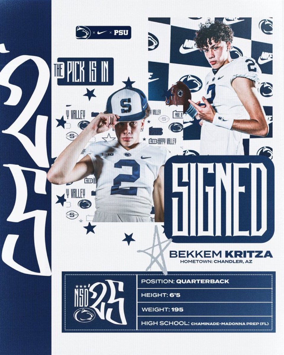 Penn State Nittany Lions | Happy Valley Insider (@pennstaterivals) on Twitter photo 🦁OFFICIALLY SIGNED✍️
#PennState Football inks 3️⃣⭐️ QB Bekkem Kritza (<a href="/stretch2025/">Bekkem Kritza</a>) from <a href="/Nadeboyz/">Chaminade-Madonna Football</a> in Florida.
👉 tinyurl.com/PSUNSD25 🦁OFFICIALLY SIGNED✍️
#PennState Football inks 3️⃣⭐️ QB Bekkem Kritza (<a href="/stretch2025/">Bekkem Kritza</a>) from <a href="/Nadeboyz/">Chaminade-Madonna Football</a> in Florida.
👉 tinyurl.com/PSUNSD25