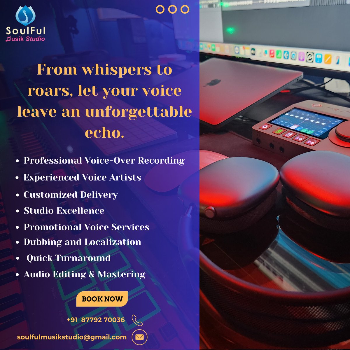 studio_soulful's tweet image. Bring Your Words to Life with SoulFul Musik Studio!🎶  

Whether it’s for an ad, a documentary, a YouTube channel, or an audiobook, we’ve got the perfect voice to narrate your story. 🌟  

#SoulFulMusikStudio #VoiceOverMagic #ProfessionalVoiceOver #StudioExcellence