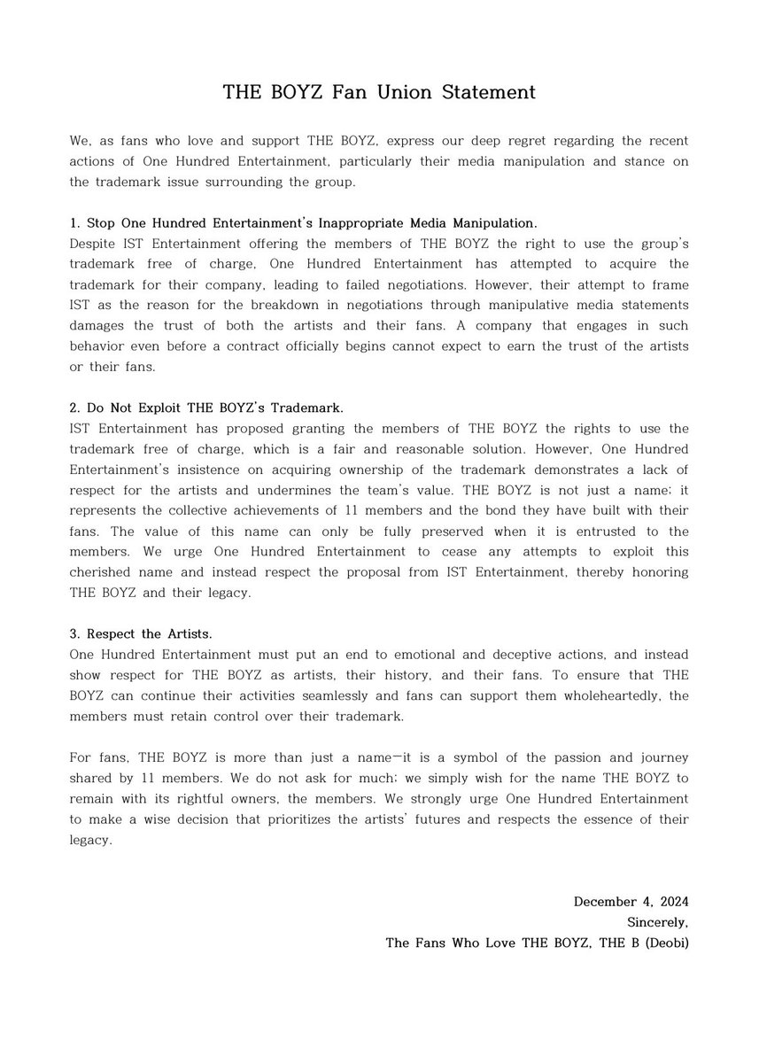 Dear international fans, We have prepared a statement to protect the name of THE BOYZ and are currently conducting a hashtag campaign. We kindly ask for your attention and support.

#원헌드레드_더러운_언플그만
#원헌드레드는_아티스트를_존중하라 
#더보이즈_상표권_탐내지마