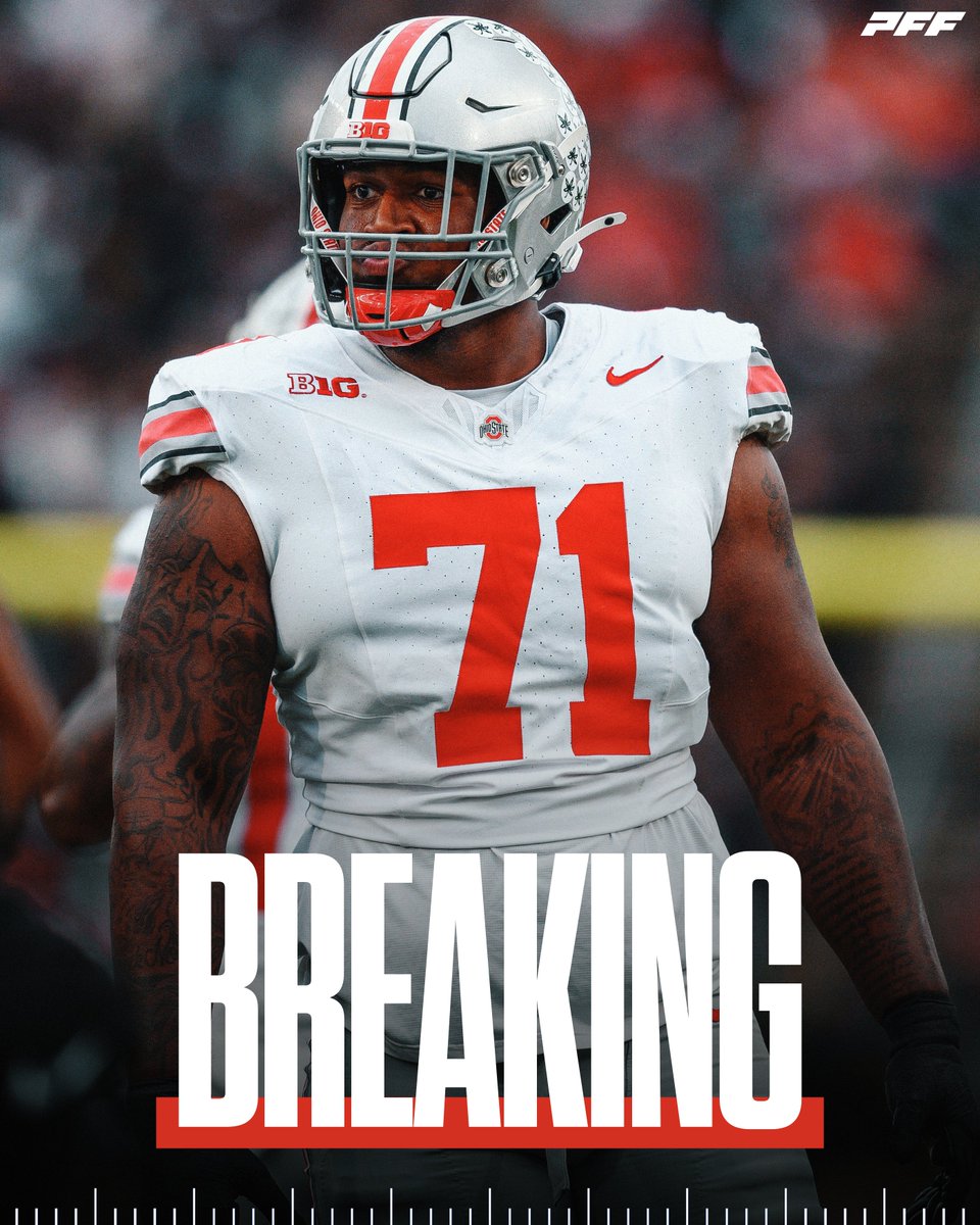 PFF_College's tweet photo. Ohio State OT Josh Simmons has declared for the 2025 NFL Draft, per @AdamSchefter

15th Ranked Prospect on the PFF Big Board📊 https://t.co/kdIOugUhpd
