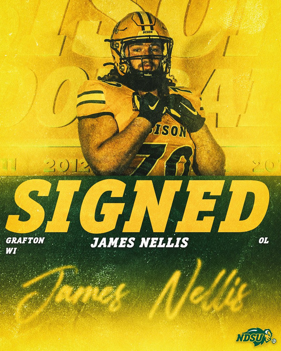 𝐒𝐈𝐆𝐍𝐄𝐃 ✍️

James Nellis, a 6-3, 294 offensive lineman from Grafton High School in Wisconsin is officially a Bison. 🤘

#TOUGH25 | #NSD25