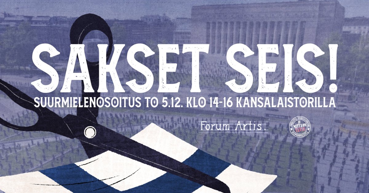 Tervetuloa mukaan Sakset seis! -mielenilmaukseen, joka järjestetään torstaina 5.12. klo 14–16 Kansalaistorilla Helsingissä. Kulttuurin leikkauksia vastustava Sakset seis! -adressi luovutetaan päättäjille mielenosoituksessa.
saksetseis.fi #saksetseis #tiedollaontekijänsä