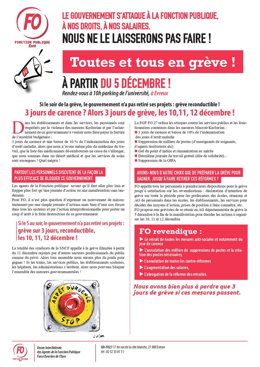 Face aux attaques qui se multiplient contre les #servicespublics et les agents,
#FO Fonction publique #Eure appellent à la grève à partir de demain #greve5decembre✊️
27.force-ouvriere.org 
Rdv 10h parking de l'université d'Evreux (à côté du Ciné zénith)👍
<a href="/force_ouvriere/">force_ouvriere</a>