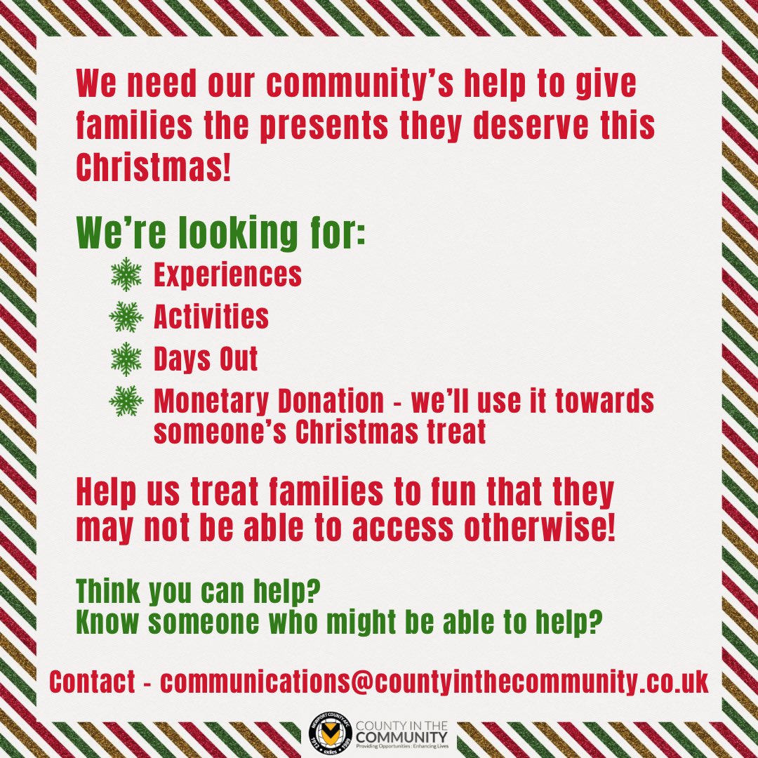 CountyCommunity's tweet image. WE NEED YOUR HELP 🎅

This Christmas we want to give our community the opportunity to experience activities that they may not be able to otherwise 🙌
Think you or anyone you know can help? Get in touch! 🎄

#newport #providingopportunitiesenhancinglives #giveagiftthischristmas