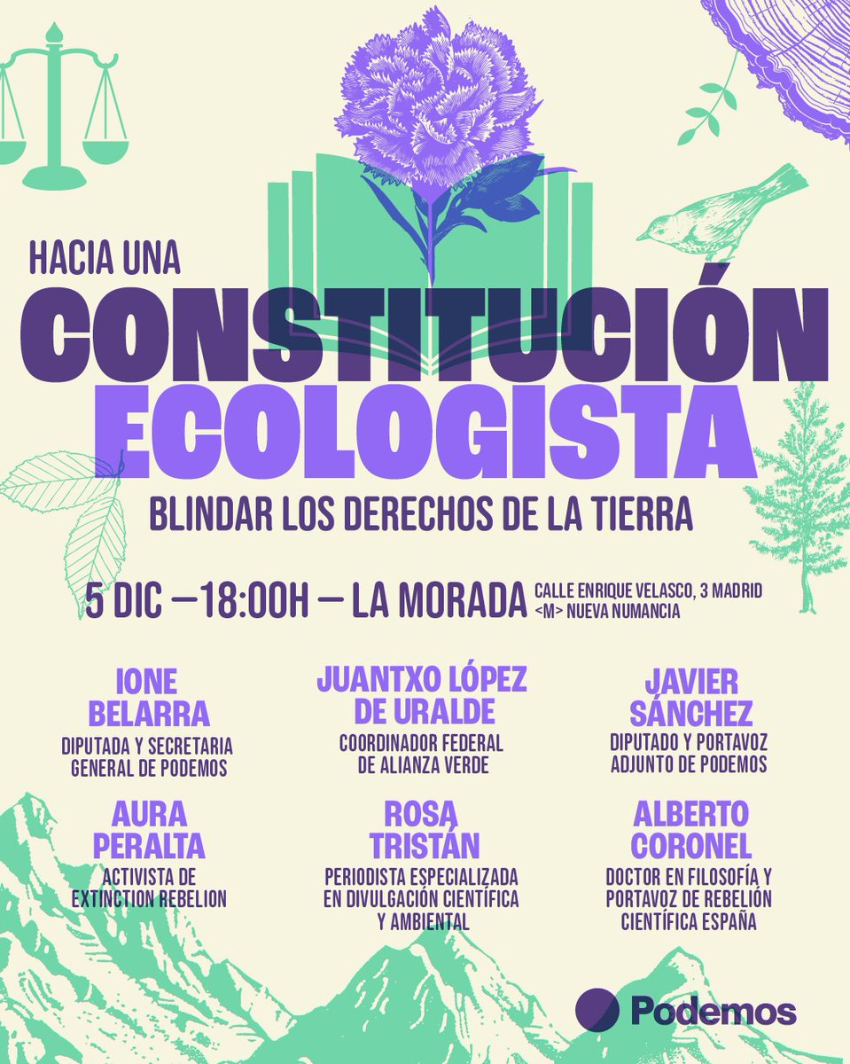 Tenemos que avanzar hacia una Constitución ecologista para blindar el futuro del planeta.

Por eso nos vemos mañana en La Morada en este acto con <a href="/ionebelarra/">Ione Belarra</a>, <a href="/juralde/">Juan López de Uralde</a>, <a href="/J_Sanchez_Serna/">Javier Sánchez Serna</a>, <a href="/Valzoak/">Ⓐura Peralta ~ La Voz Dormida ~ 🇵🇸</a>, <a href="/AlbertoCoronelT/">Alberto Coronel 🌍</a> y <a href="/RosaTristan/">Rosa M. Tristán</a>.

📅 18:00h
📍C/Enrique Velasco 3, Madrid