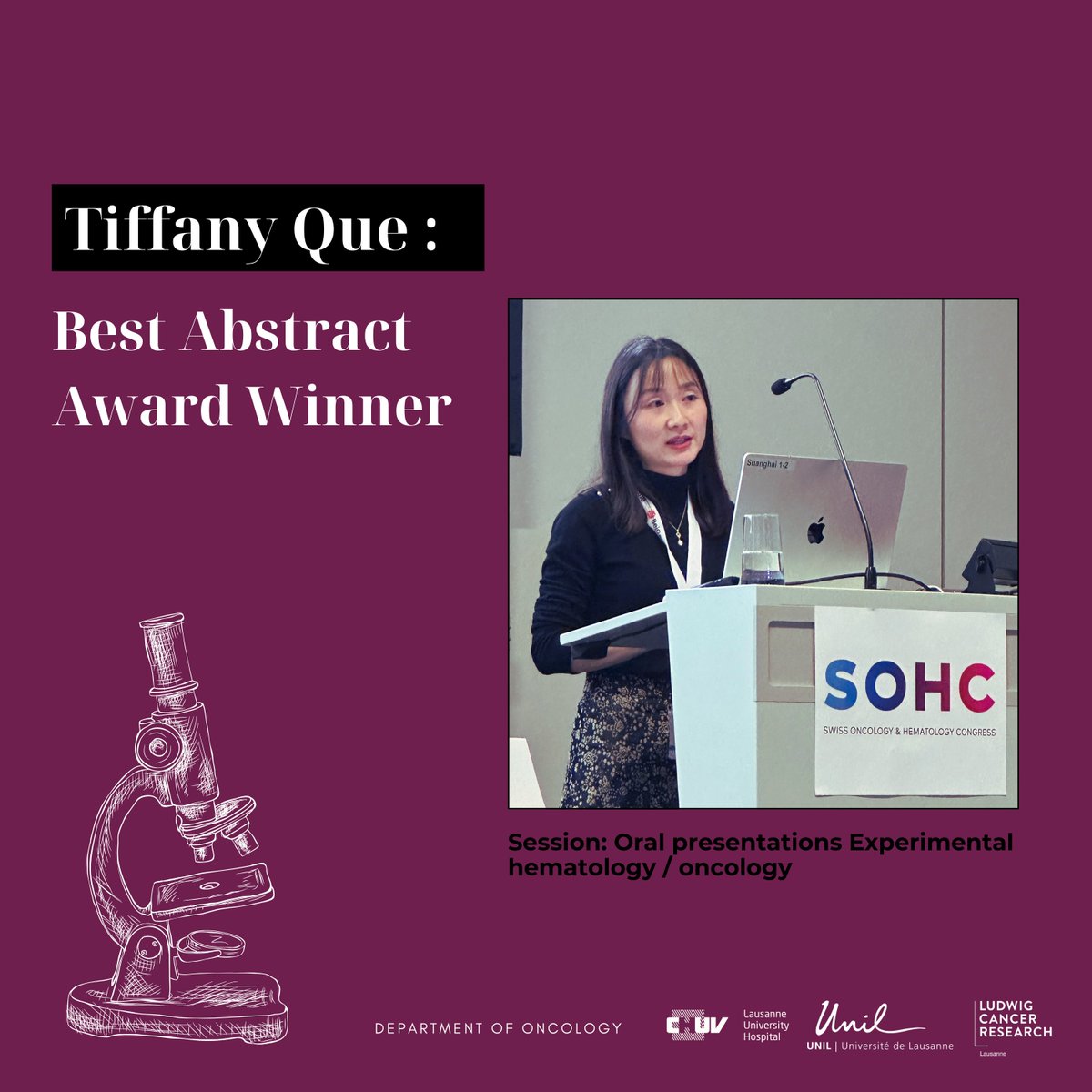 Oncology UNIL CHUV (@oncounilchuv) on Twitter photo ๐Congratulations to Tiffany Que for winning the Best Abstract Award at #SOHC 2024 for Pioneering CAR-T cell Research.
โก๏ธunil.ch/news/173331634โฆ
<a href="/Ludwig_Cancer/">Ludwig Cancer</a> <a href="/CHUVLausanne/">CHUV /ย Centre hospitalier universitaire vaudois</a> <a href="/unil/">Universitรฉ de Lausanne</a> ๐Congratulations to Tiffany Que for winning the Best Abstract Award at #SOHC 2024 for Pioneering CAR-T cell Research.
โก๏ธunil.ch/news/173331634โฆ
<a href="/Ludwig_Cancer/">Ludwig Cancer</a> <a href="/CHUVLausanne/">CHUV /ย Centre hospitalier universitaire vaudois</a> <a href="/unil/">Universitรฉ de Lausanne</a>