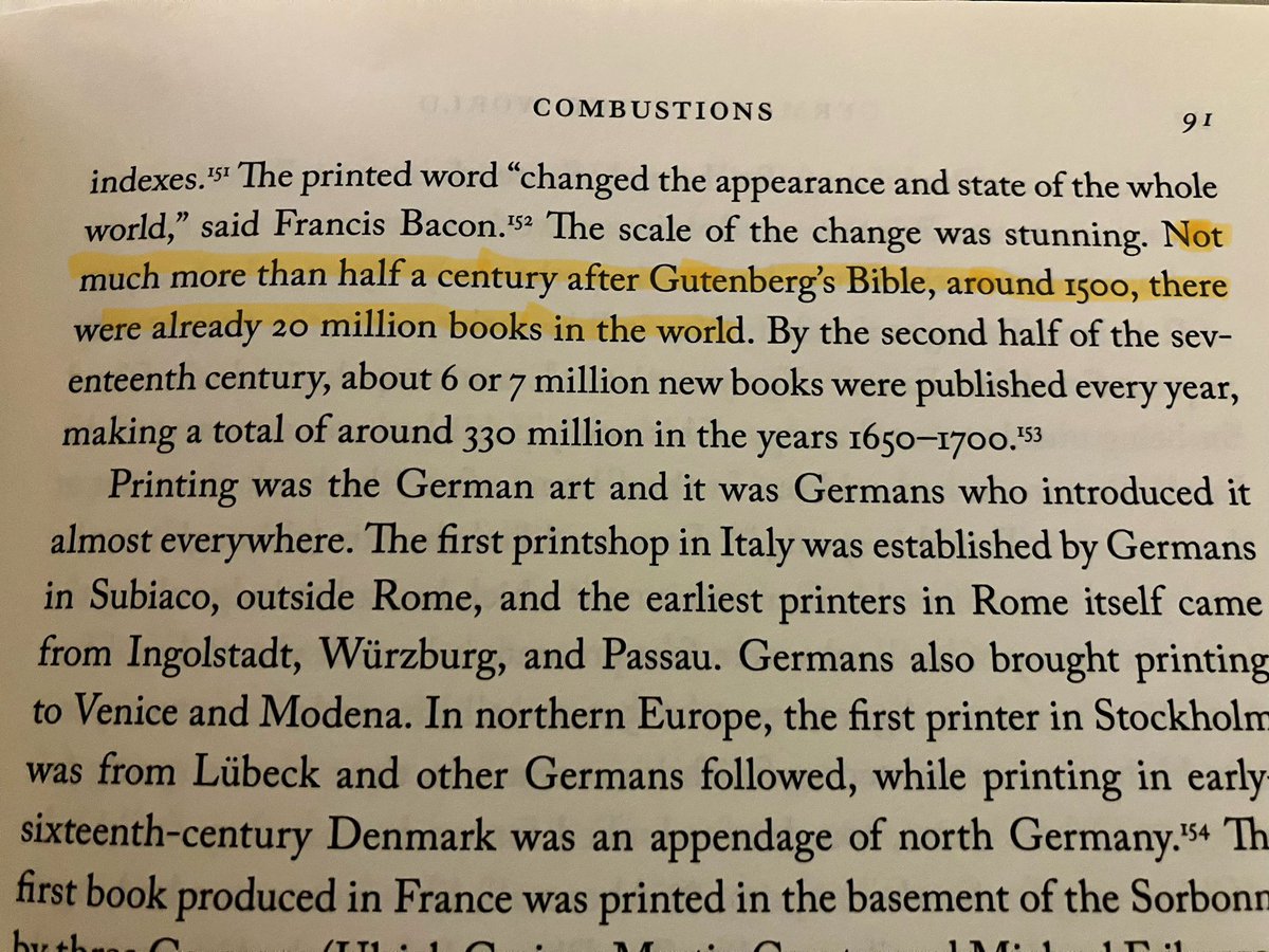 Fun stat from David Blackbourn’s magnificent Germany in the World: A Global History 1500-2000: By the second half of 17th century, about 6-7 million books were being published each year!