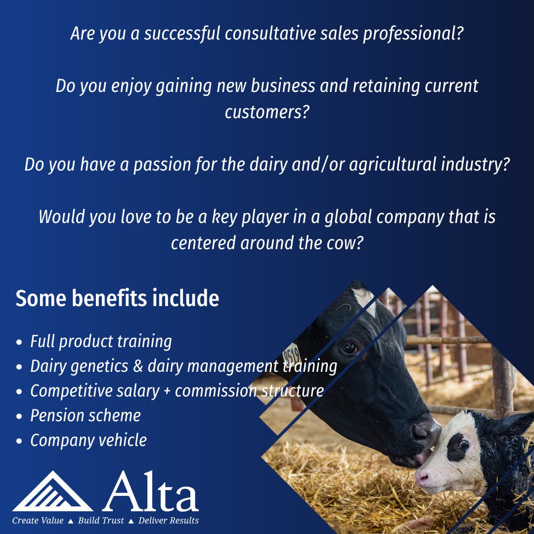 WE'RE HIRING!
District Sales Manager's in various regions of the UK.
Due to continued growth Alta Genetics is actively recruiting self-driven individuals to join our passionate team in the UK.
Interested?
Please email your CV and covering letter to yvonne.dunn@altagenetics.com