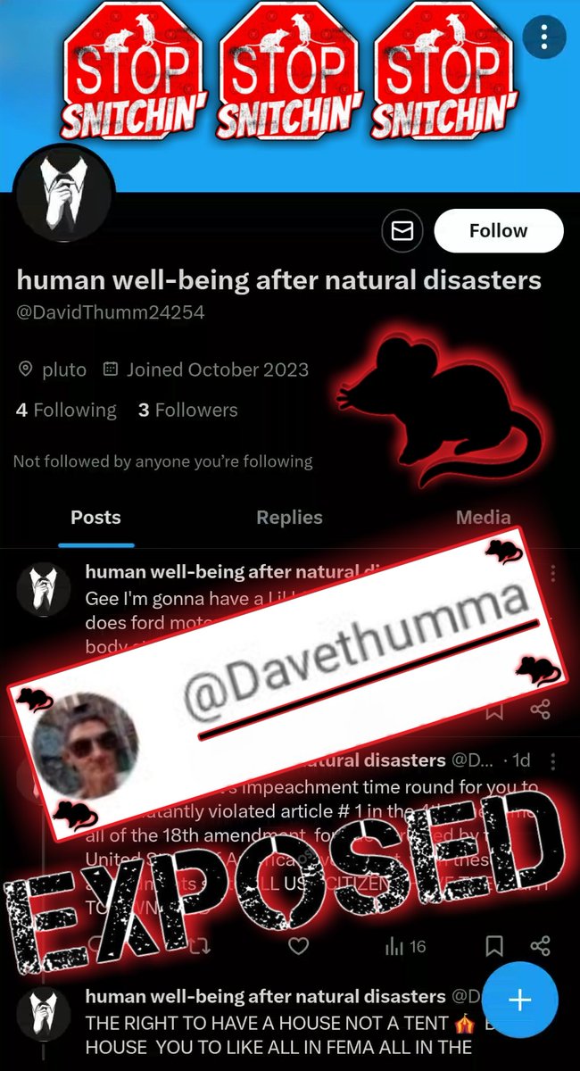 Anonymous5WOA's tweet photo. #Anonymous #RatAlert #Snitch #SnitchAlert #NewPawPatrol #StopSnitchin #Rat #Exposed

 @DavidThumm24254  #TangoDown https://t.co/y7wQ4HZuHf