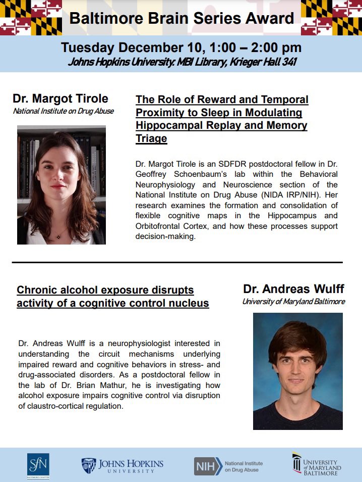 BaltimoreBrainSeries (@bmorebrainy) on Twitter photo Mark your calendars for another Baltimore Brain Series Seminar next Tuesday from 1-2 at JHU! Awardees Dr. Margot Tirole (<a href="/MargotTirole/">Margot Tirole</a>) from NIDA and Dr. Andreas Wulff from UMB will present their work. Zoom link provided upon request! Mark your calendars for another Baltimore Brain Series Seminar next Tuesday from 1-2 at JHU! Awardees Dr. Margot Tirole (<a href="/MargotTirole/">Margot Tirole</a>) from NIDA and Dr. Andreas Wulff from UMB will present their work. Zoom link provided upon request!