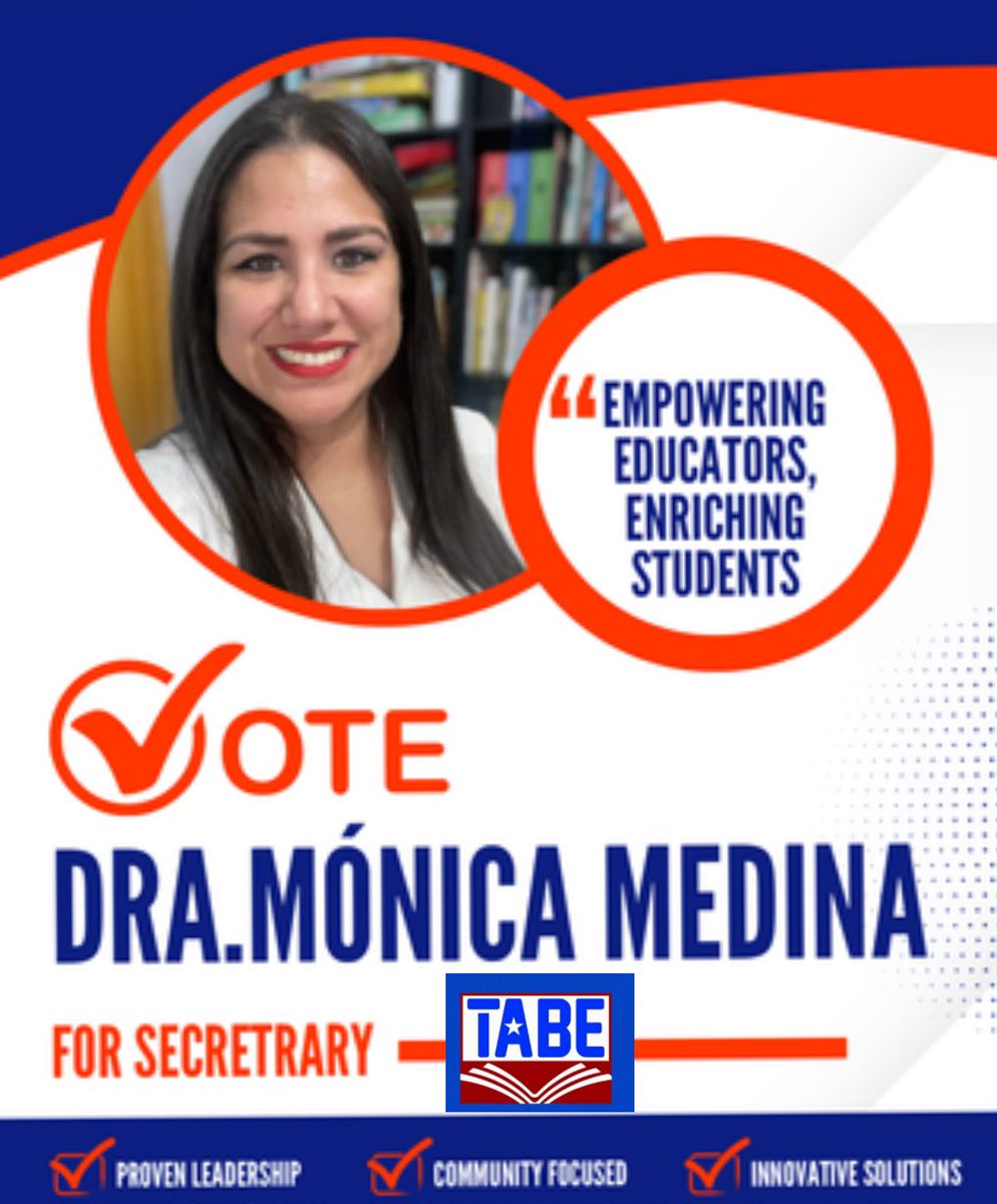 Please vote me in the TABE runoff election for Secretary! 🗳️ ✅ 

My background is in Dual Language Bilingual Education &amp; Ed Leadership, Policy Studies. 

Check your email to cast your vote 🙏🏽 
#VoteDraMedina #TABE #BilingualEd