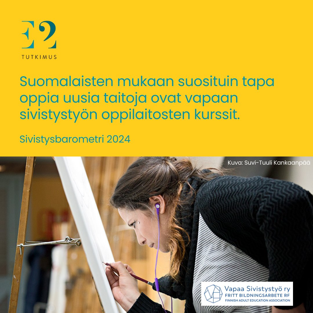 Sivistysbarometri:suosituin tapa oppia uusia taitoja ovat vapaan sivistystyön oppilaitosten kurssit! Opintokeskusten järjestöjen kanssa toteuttamilla kursseilla opitaan mm.luovia menetelmiä, yhteistyön taitoja, ohjaamista ja yhdistyshallintoa. #Sivistysbarometri #VapaaSivistystyö