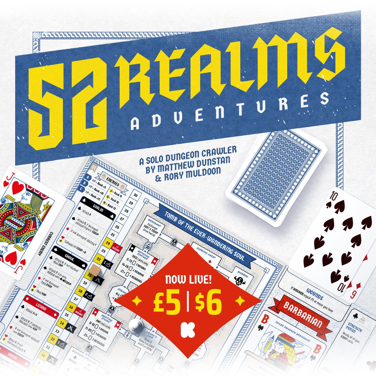 Join us for day two of the 52 Realms: Adventures campaign!

Solo Dungeon Crawler ✔ 
Using a standard deck of cards ✔ 
10-20 minutes with very little setup ✔ 
Multiple characters ✔

kickstarter.com/projects/postm…

#Kickstartergames #playingcardgames #playingcards #dungeoncrawler
