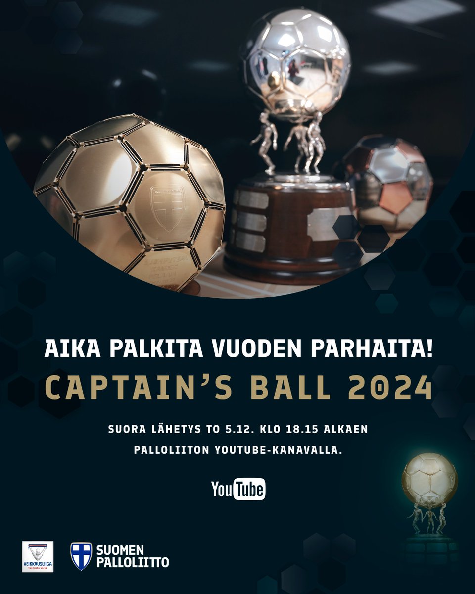 #CaptainsBall2024 -gaala järjestetään huomenna torstaina Helsingissä! 🏆

Gaalaa voi seurata suorana lähetyksenä Palloliiton YouTube-kanavalla. Lähetyksessä luvassa mm palkittujen haastatteluita suoraan juhlapaikalta.

Lisätiedot ja aikataulu ➡️ palloliitto.fi/ajankohtaista/…