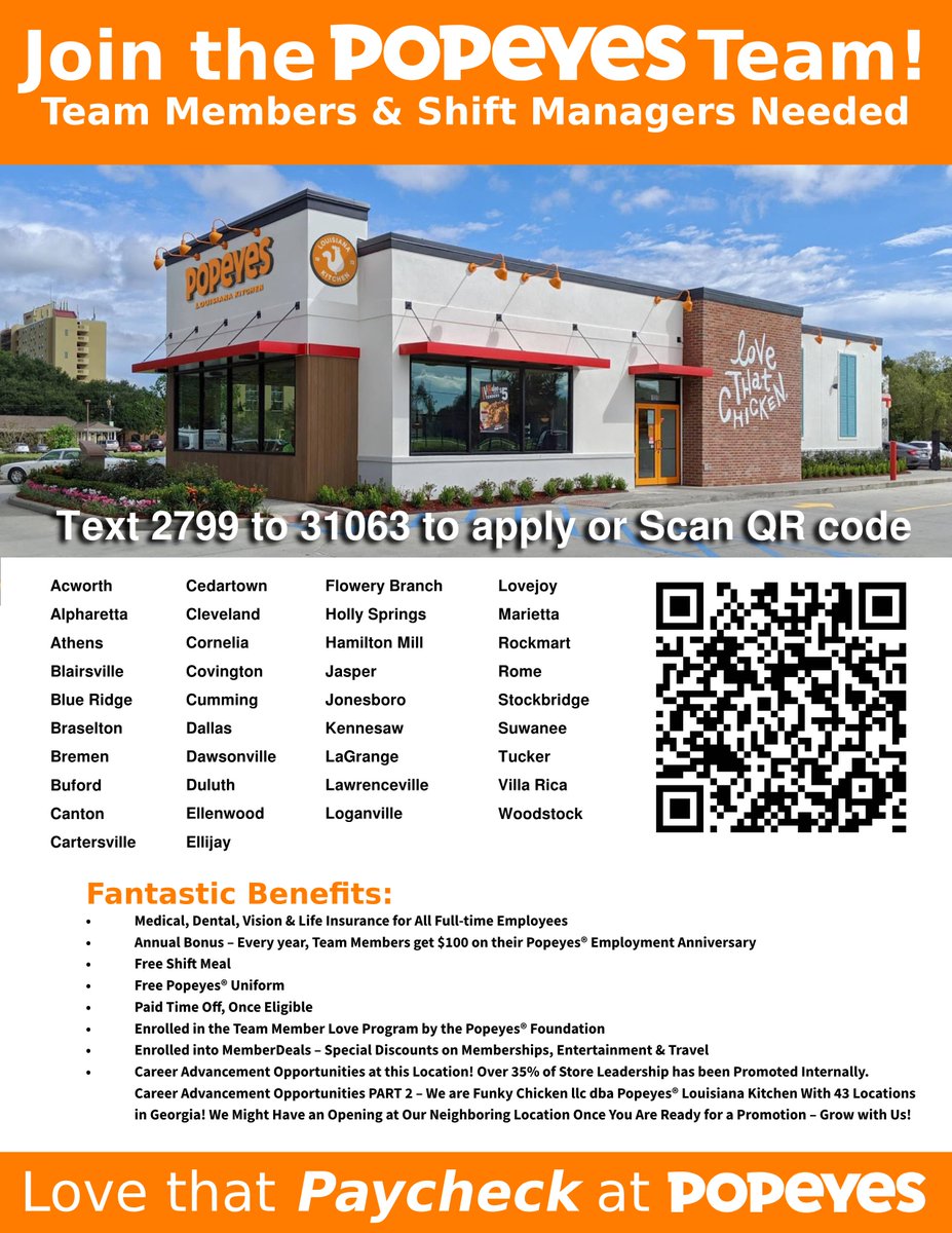 FunkyChickenATL's tweet image. Team Members, Shift Managers &amp;amp; General Managers Needed in Atlanta Metro Area! follow this link to see what jobs are open today: workstream.us/j/74bf9108/pop… #Popeyes #FastFoodJobs #OpentoWork #NowHiring #JoinOurTeam #Hiring #GeorgiaJobs #AtlantaJobs #AtlantaGA