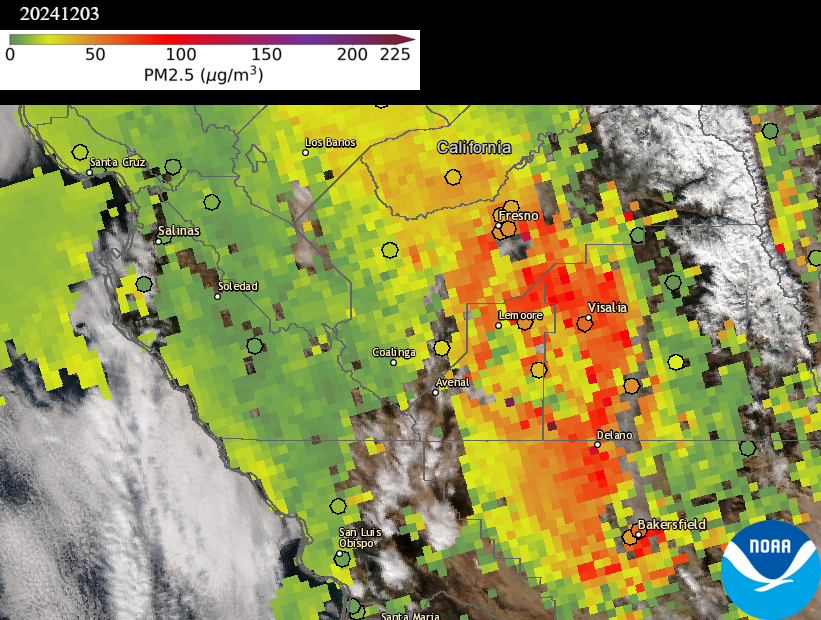 AerosolWatch (@aerosolwatch) on Twitter photo Daily PM2.5 #AirQuality in California’s #SanJoaquinValley was Unhealthy (Code Red) to USG (Code Orange) on 3 Dec, including cities of #Fresno, #Visalia & #Bakersfield, shown by <a href="/AIRNow/">airnow</a> regulatory monitors (dots) & estimated from <a href="/JPSSProgram/">Joint Polar Satellite System (JPSS)</a> #VIIRS AOD (shading). <a href="/ValleyAir/">Valley Air District</a> Daily PM2.5 #AirQuality in California’s #SanJoaquinValley was Unhealthy (Code Red) to USG (Code Orange) on 3 Dec, including cities of #Fresno, #Visalia & #Bakersfield, shown by <a href="/AIRNow/">airnow</a> regulatory monitors (dots) & estimated from <a href="/JPSSProgram/">Joint Polar Satellite System (JPSS)</a> #VIIRS AOD (shading). <a href="/ValleyAir/">Valley Air District</a>