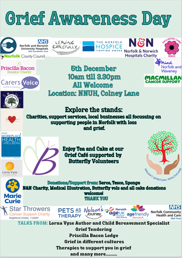 Carers Voice Norfolk & Waveney (@carersvoicenw) on Twitter photo It's Grief Awareness Day tomorrow and we will be joining the <a href="/NNUH/">Norfolk and Norwich University Hospitals</a> t event to share information about support for Carers in Norfolk and Waveney
Where: Outside Benjamin Gooch Lecture Theatre
When: Thursday 5th Dec, 10am-3.30pm It's Grief Awareness Day tomorrow and we will be joining the <a href="/NNUH/">Norfolk and Norwich University Hospitals</a> t event to share information about support for Carers in Norfolk and Waveney
Where: Outside Benjamin Gooch Lecture Theatre
When: Thursday 5th Dec, 10am-3.30pm
