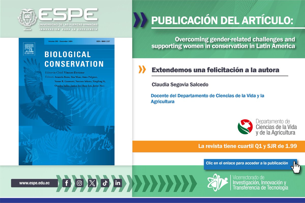 👏 Felicitamos a la autora Claudia Segovia Salcedo, por su publicación Q1 con el artículo: "Overcoming gender-related challenges and supporting women in conservation in Latin America".

🔎📄 Puedes visualizar el artículo en este enlace: sciencedirect.com/science/articl…
