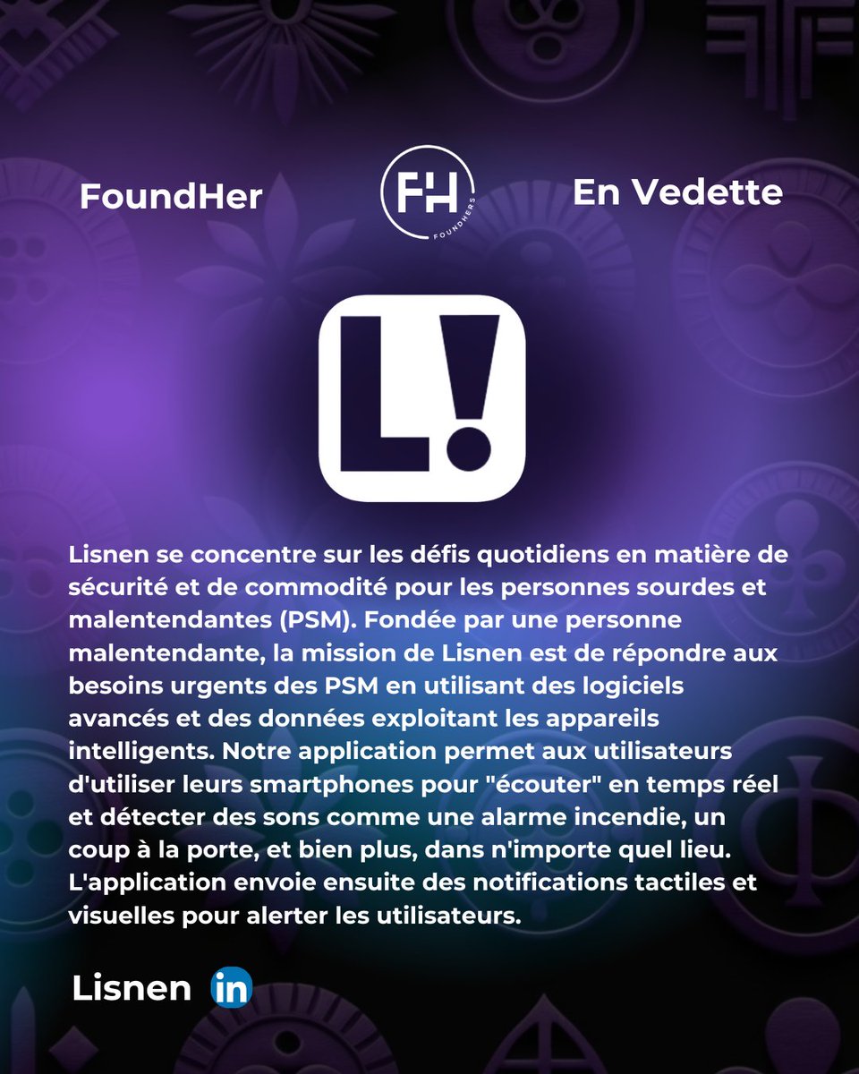 Lisnen améliore la sécurité &amp; le confort des personnes sourdes &amp; malentendantes en transformant les smartphones en capteurs de sons en temps réel. Fondée par une personne malentendante, l’appli détecte les sons comme alarmes et frappes, envoyant des alertes tactiles et visuelles.