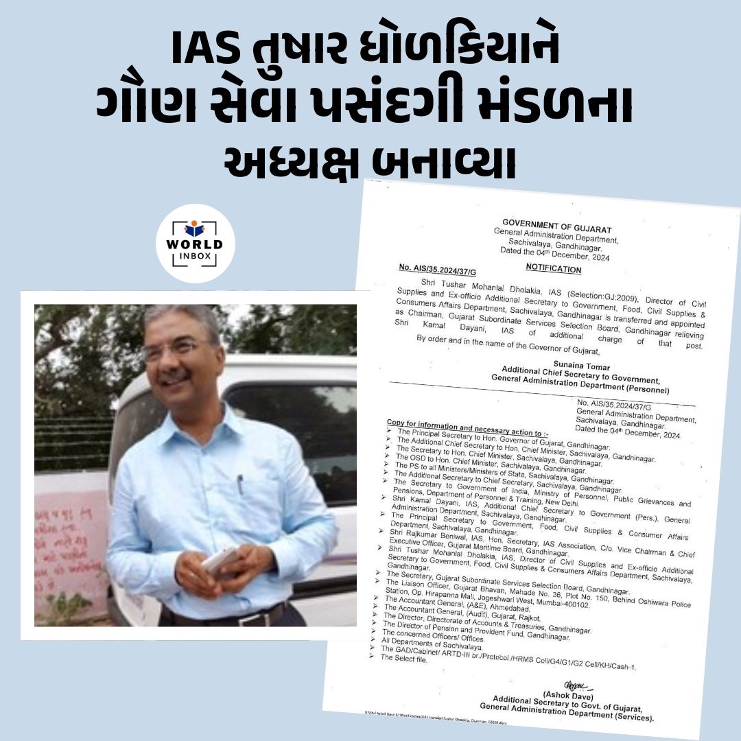 world_inbox's tweet photo. 📣IAS તુષાર ધોળકિયાને ગૌણ સેવા પસંદગી મંડળના અધ્યક્ષ બનાવ્યા https://t.co/Dkz55rT6aV