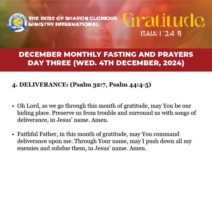 ROSGMI's tweet image. 3-Day Fasting and Prayer. Prayer guide for Day 3 – Wednesday, 4TH December 2024.

Swipe left ➡

#Gratitude
#PrayerGuide #PrayerMeeting #ROSGMI
#FastingAndPrayer #December2024
