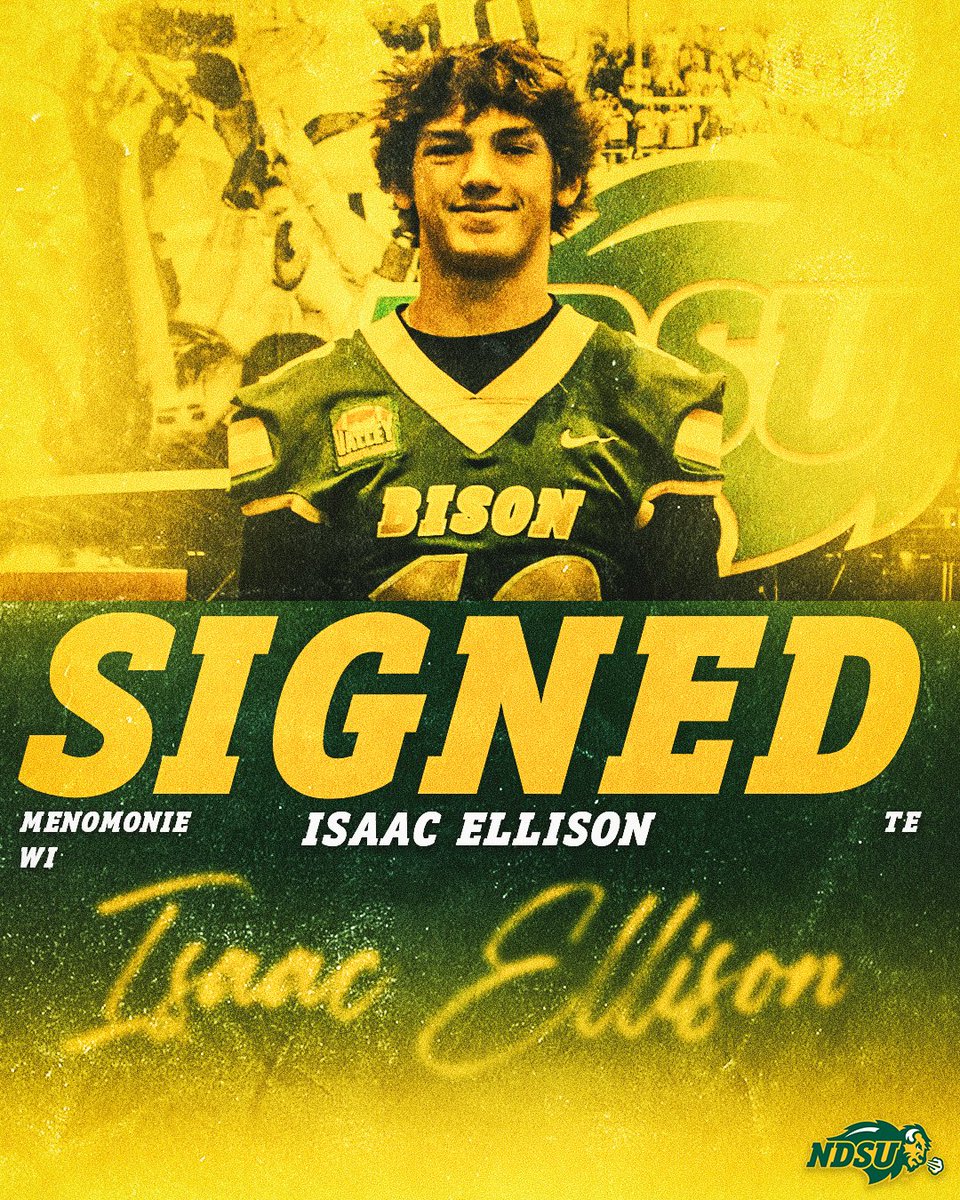 𝐒𝐈𝐆𝐍𝐄𝐃 ✍️

Isaac Ellison, a 6-4, 196 tight end from Menomonie High School in Wisconsin is officially a Bison. 🤘

#TOUGH25 | #NSD25
