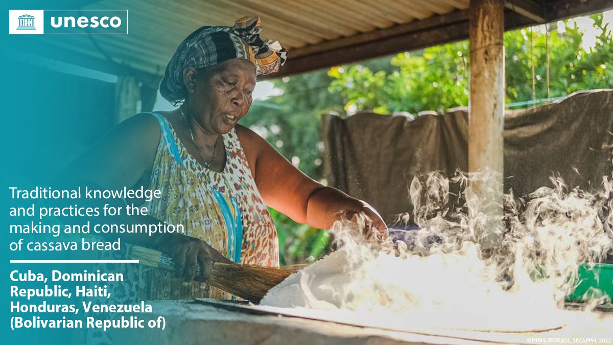 🔴 BREAKING

New inscription on the #IntangibleHeritage List: Traditional knowledge and practices for the making and consumption of cassava bread, #Cuba🇨🇺, #DominicanRepublic🇩🇴, #Haiti🇭🇹, #Honduras🇭🇳, Bolivarian Republic of #Venezuela🇻🇪.
Congratulations!

unes.co/19ich
