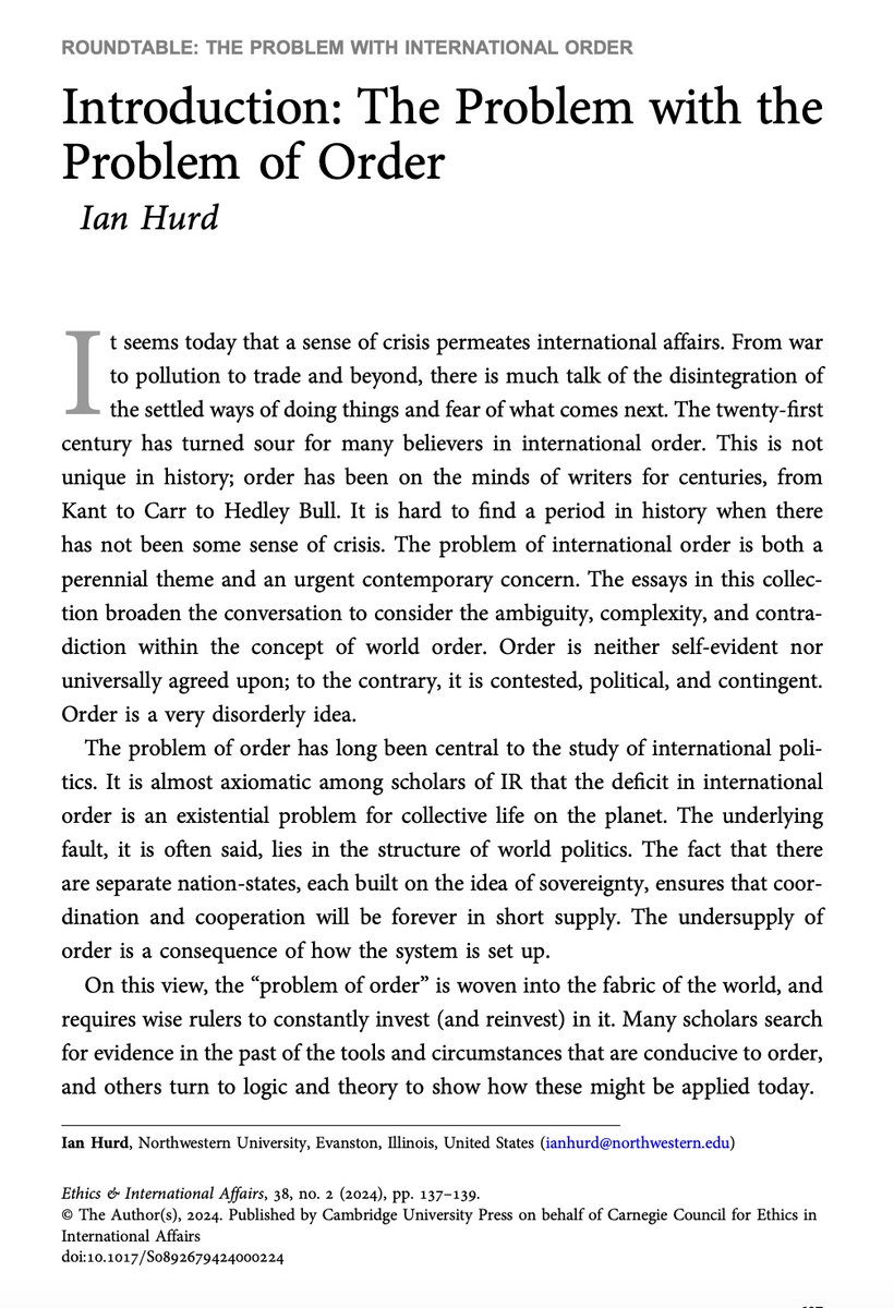 Ian Hurd (@ian_hurd) on Twitter photo 6 new essays on the politics of international order
"The Problem with the Problem of Order" with <a href="/AyseZarakol/">Ayşe Zarakol</a> <a href="/LBenabdallah/">Lina Benabdallah 🎩</a> <a href="/OwenR_Brown/">Owen Brown</a> Trine Flockhart, Jennifer Mitzen, <a href="/ian_hurd/">Ian Hurd</a>
What follows when intl society is said to need more 'order'?
<a href="/EIAJournal/">Ethics&IntlAffairs</a> 6 new essays on the politics of international order
"The Problem with the Problem of Order" with <a href="/AyseZarakol/">Ayşe Zarakol</a> <a href="/LBenabdallah/">Lina Benabdallah 🎩</a> <a href="/OwenR_Brown/">Owen Brown</a> Trine Flockhart, Jennifer Mitzen, <a href="/ian_hurd/">Ian Hurd</a>
What follows when intl society is said to need more 'order'?
<a href="/EIAJournal/">Ethics&IntlAffairs</a>